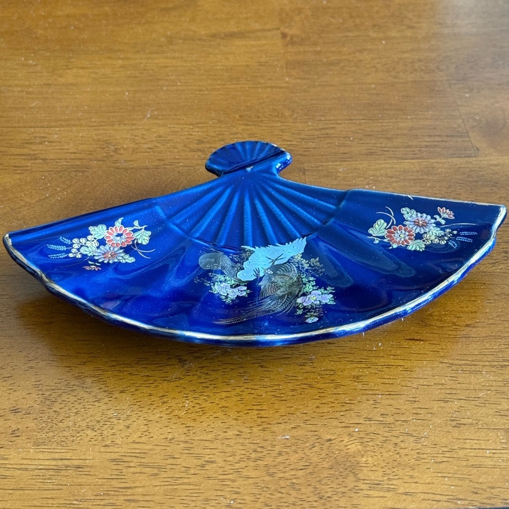 Vintage Kutani Japan Cobalt Blue Floral Pheasant Porcelain Fan Trinket Dish - Picture 5 of 9